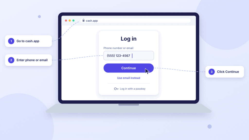 Laptop browser at cash.app showing a Log in form with a phone number or email field and a Continue button