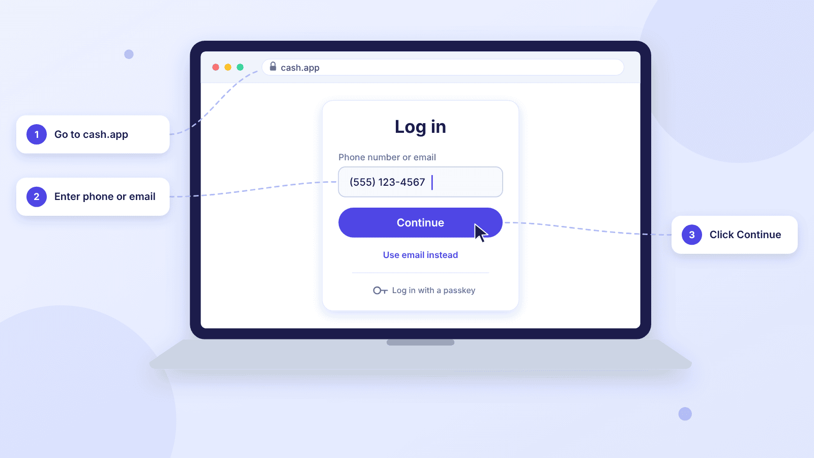 Laptop browser at cash.app showing a Log in form with a phone number or email field and a Continue button