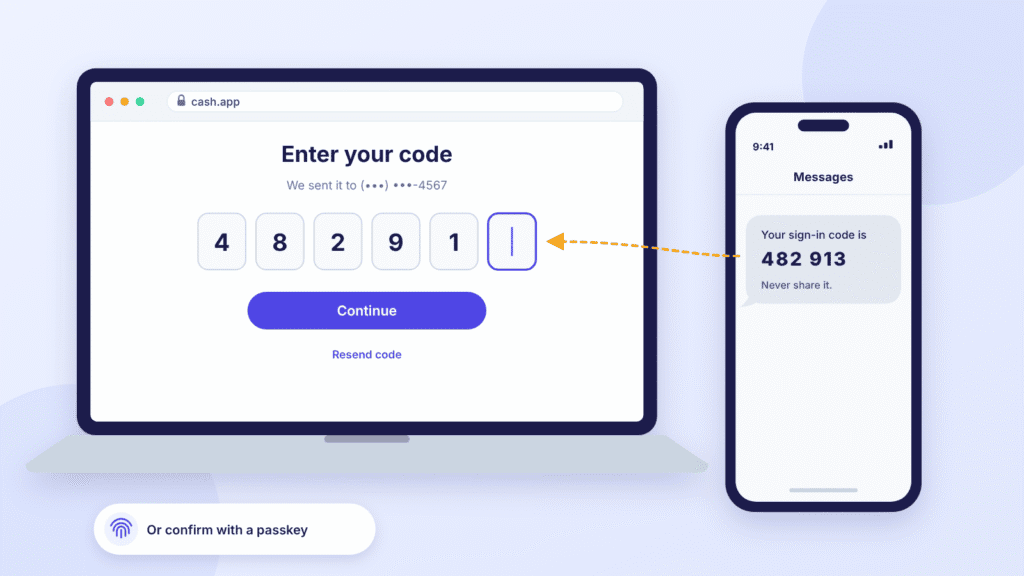 Cash App sign-in code entry screen on a laptop next to a phone showing the one-time code in a text message