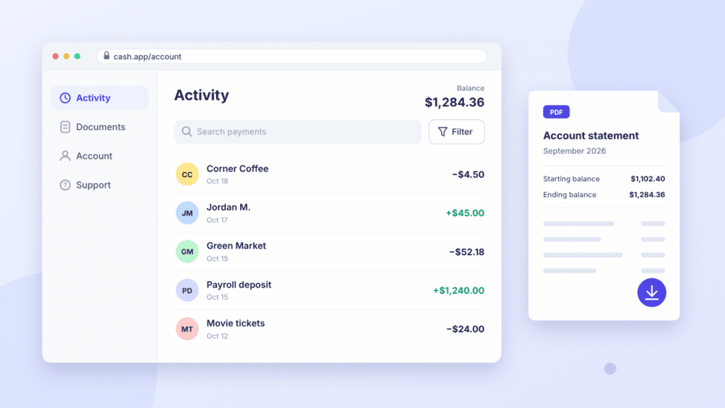Cash App web Activity page with recent transactions and search, beside a downloadable monthly account statement PDF