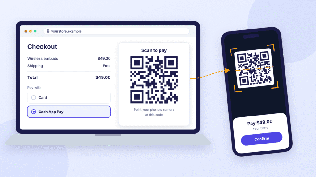 Online store checkout showing a Cash App Pay QR code on a laptop while a phone scans it to confirm the payment