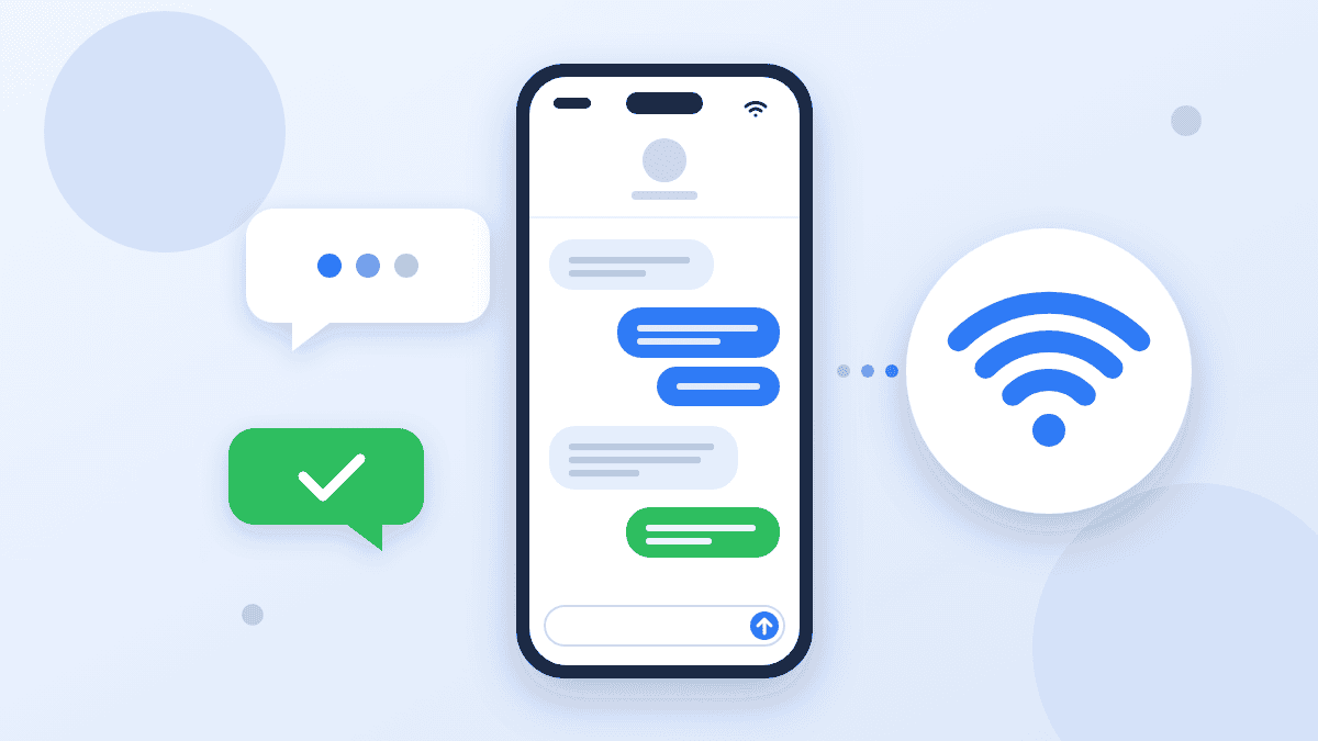 Illustration of an iPhone sending blue and green message bubbles over a Wi-Fi connection