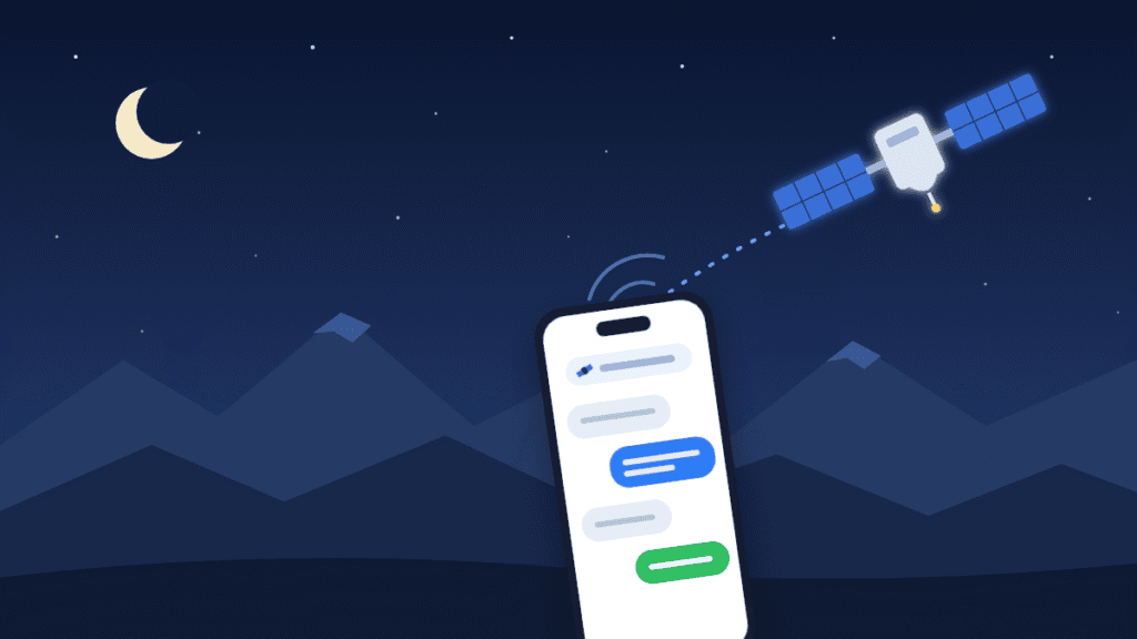 Illustration of an iPhone sending messages via satellite under a night sky with no Wi-Fi or cell coverage