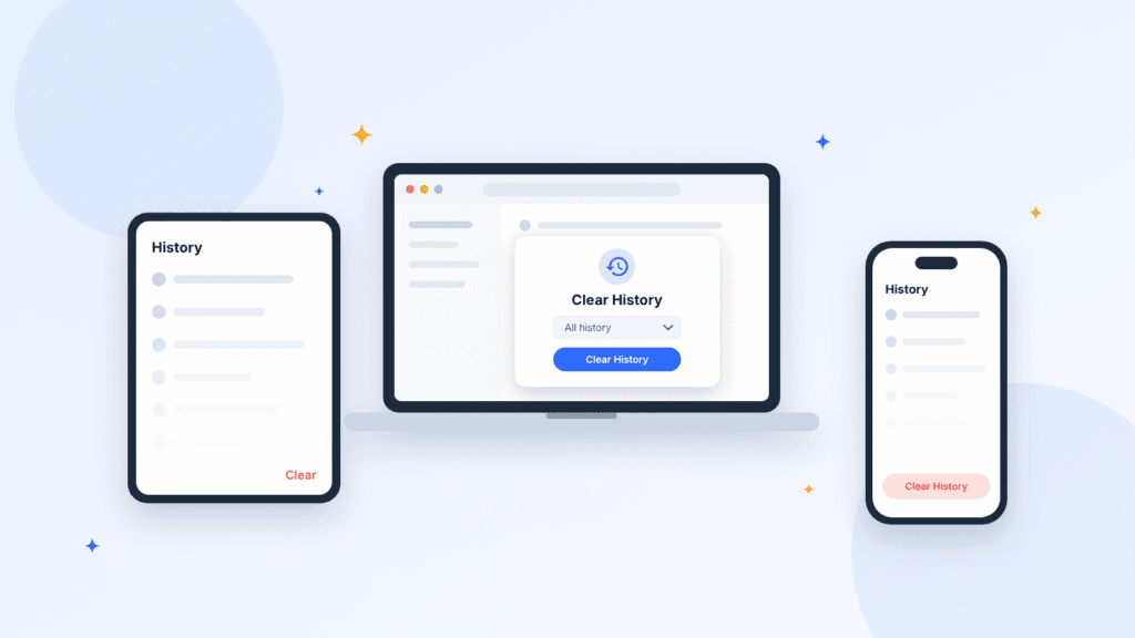 Illustration of an iPhone, iPad and Mac, each showing a Clear History option in Safari