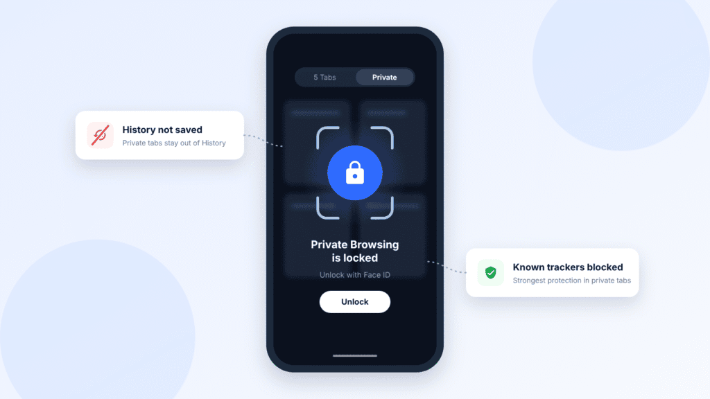 Illustration of a locked Private Browsing screen in Safari on iPhone, unlocked with Face ID