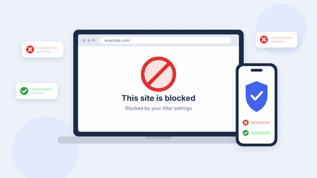 Laptop and phone showing a “This site is blocked” message, with icons for blocked and allowed websites