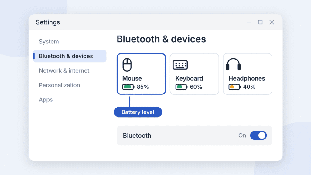 Windows 11 Bluetooth & devices settings showing a mouse at 85% battery