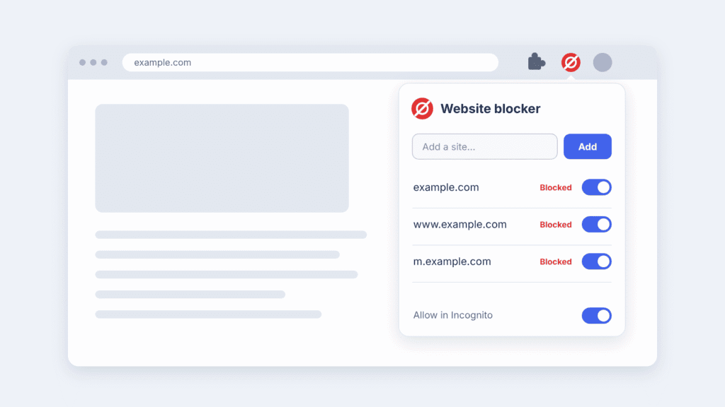 Web browser with a website blocker extension open, listing blocked sites and an Allow in Incognito switch