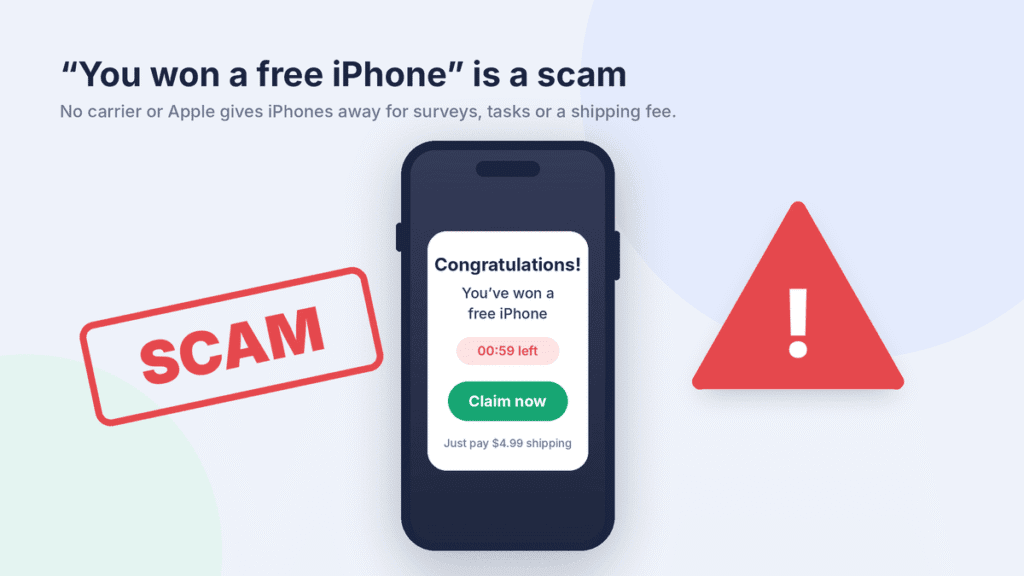 Fake pop-up claiming you won a free iPhone for a $4.99 shipping fee, marked with a red warning sign and a scam stamp