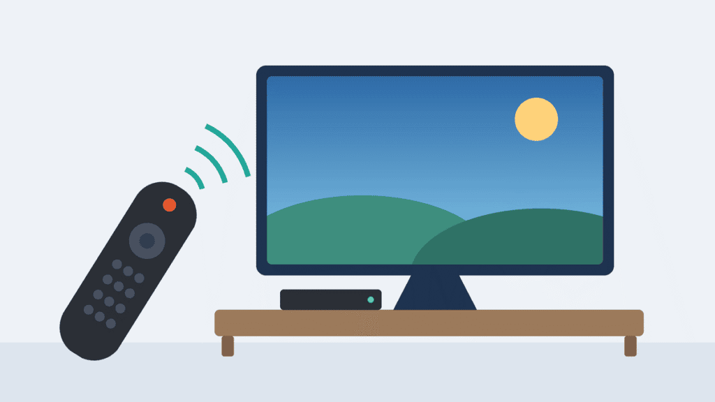 Illustration of a remote control pointed at a TV, with a cable box on the TV stand