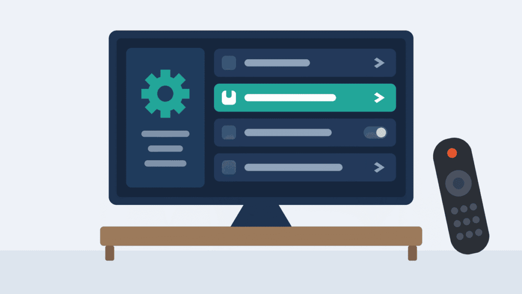 Illustration of a TV showing a settings menu with a highlighted remote option, and a remote beside the TV