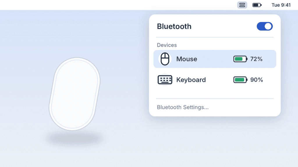 Mac Bluetooth menu listing a mouse at 72% battery and a keyboard at 90%