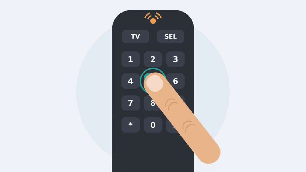 Illustration of a finger pressing a number key on a TV remote while the remote’s status light blinks