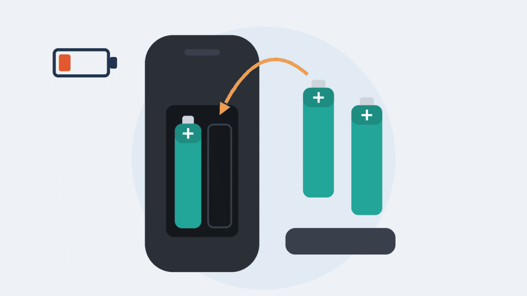 Illustration of a remote with its battery cover off and fresh batteries going into the empty slot