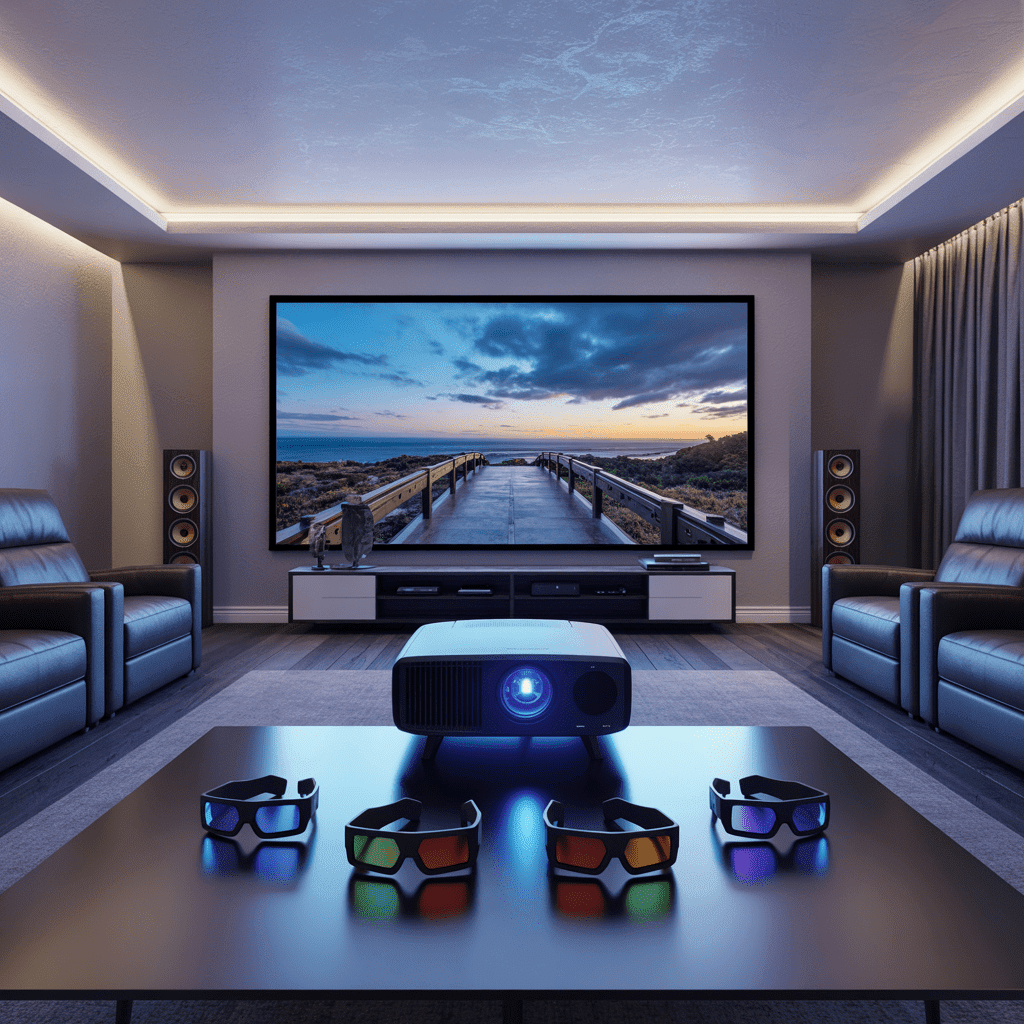 Complete 3D home theater setup in 2025 with projector, screen, and 3D glasses.