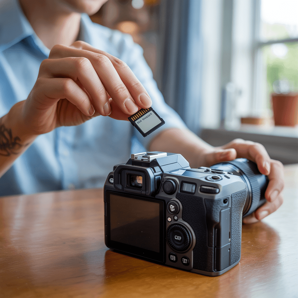 Inserting an SD card into a DSLR camera for formatting