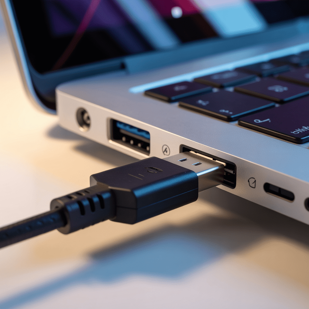 Close-up of a USB cable plugged into a laptop port 