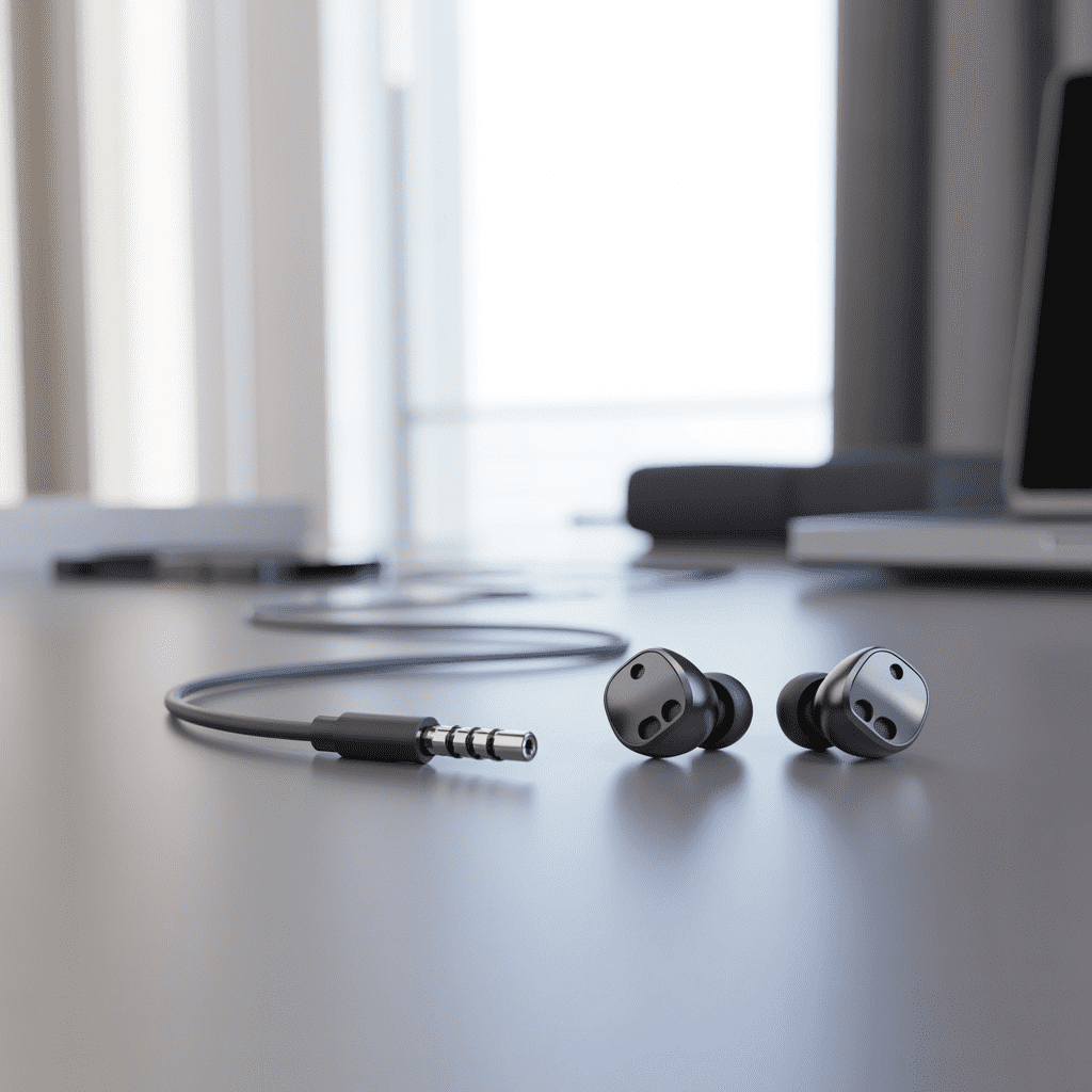 Close-up photo showing a 3.5 mm Aux cable next to Bluetooth earbuds, symbolizing the wired vs. wireless audio comparison in 2025.