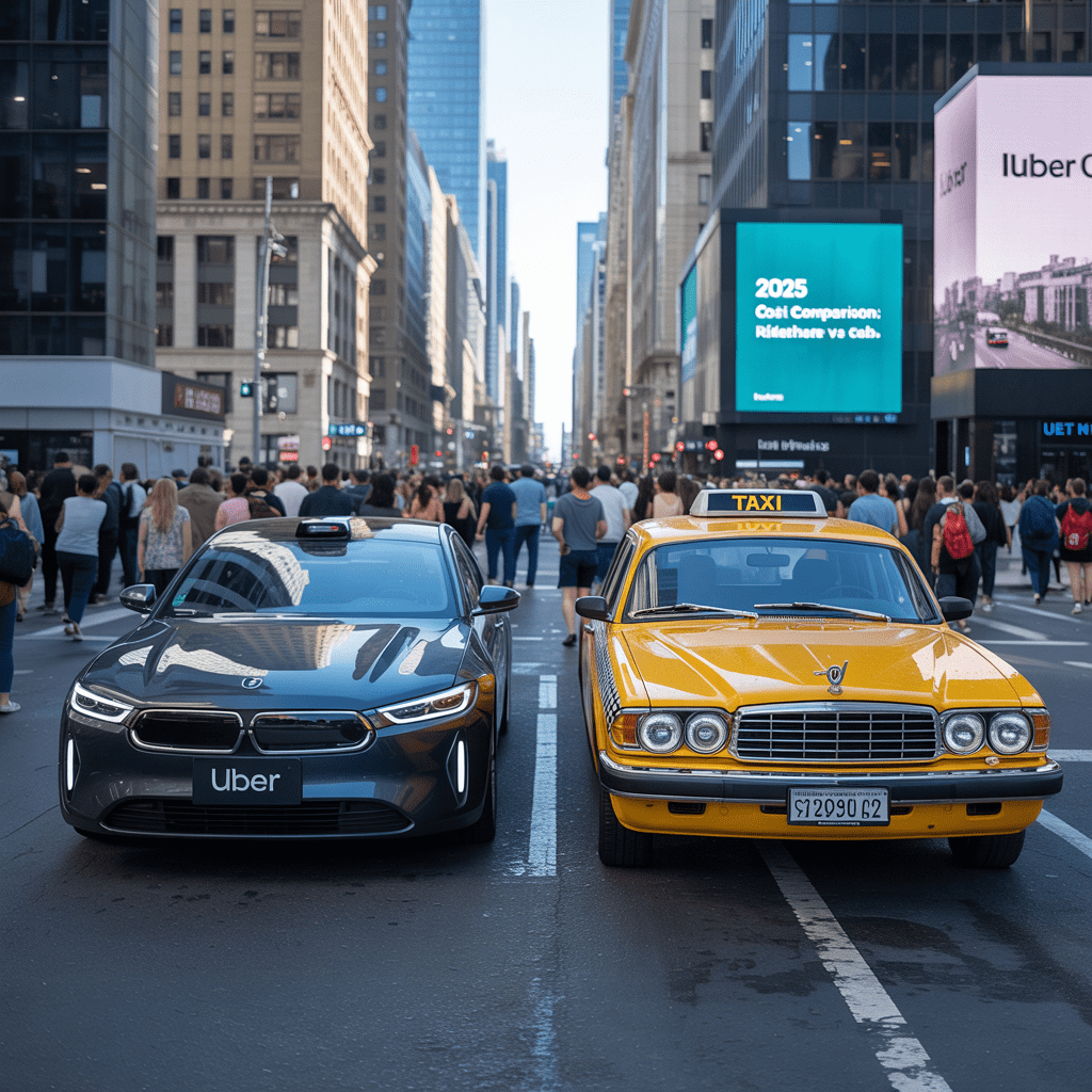Uber car and yellow taxi side by side on a busy city street, representing 2025 cost comparison between rideshare and cab services