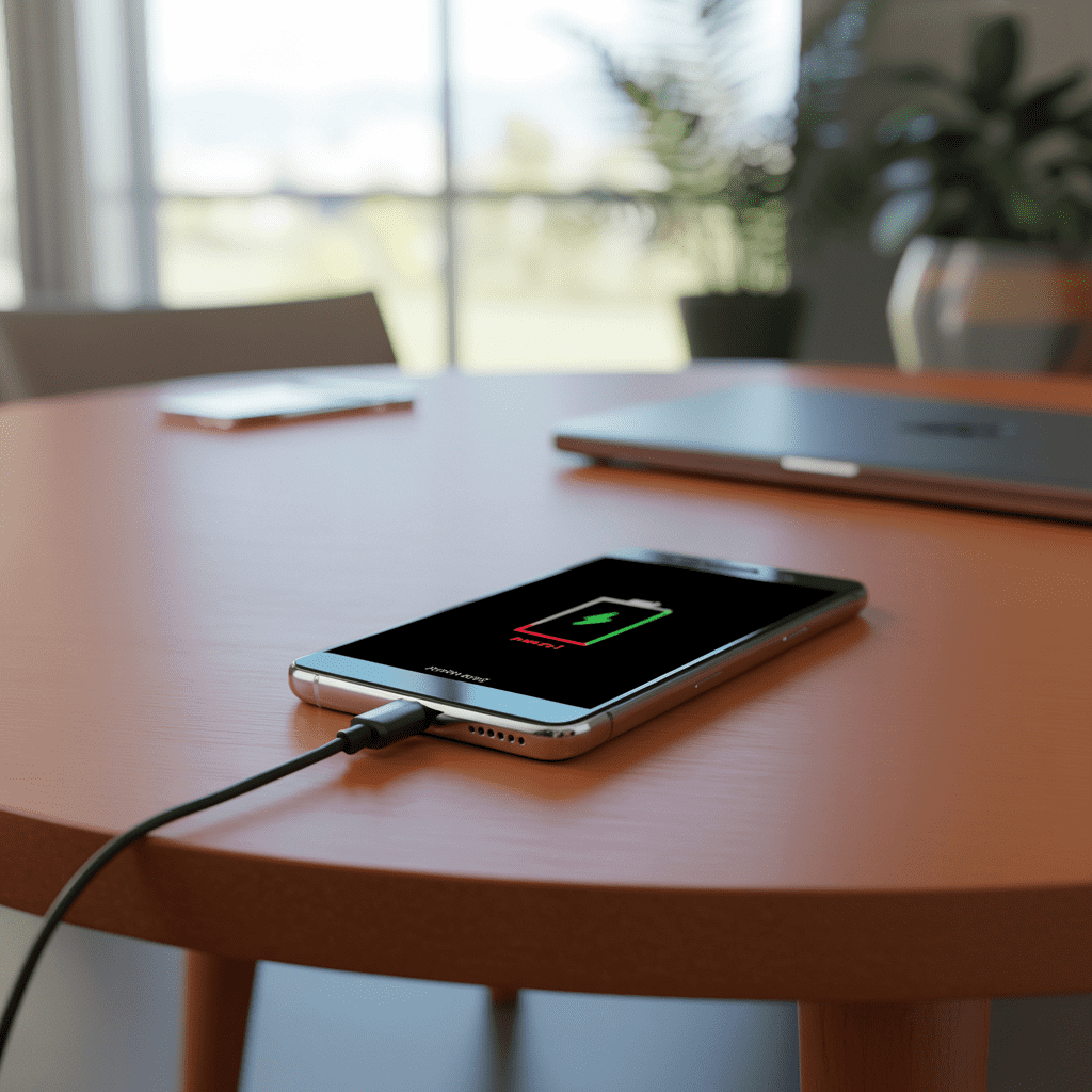 Android smartphone on table not charging with low-battery icon showing red indicator
